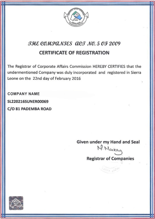 Sierra Lione Certificate of Registration